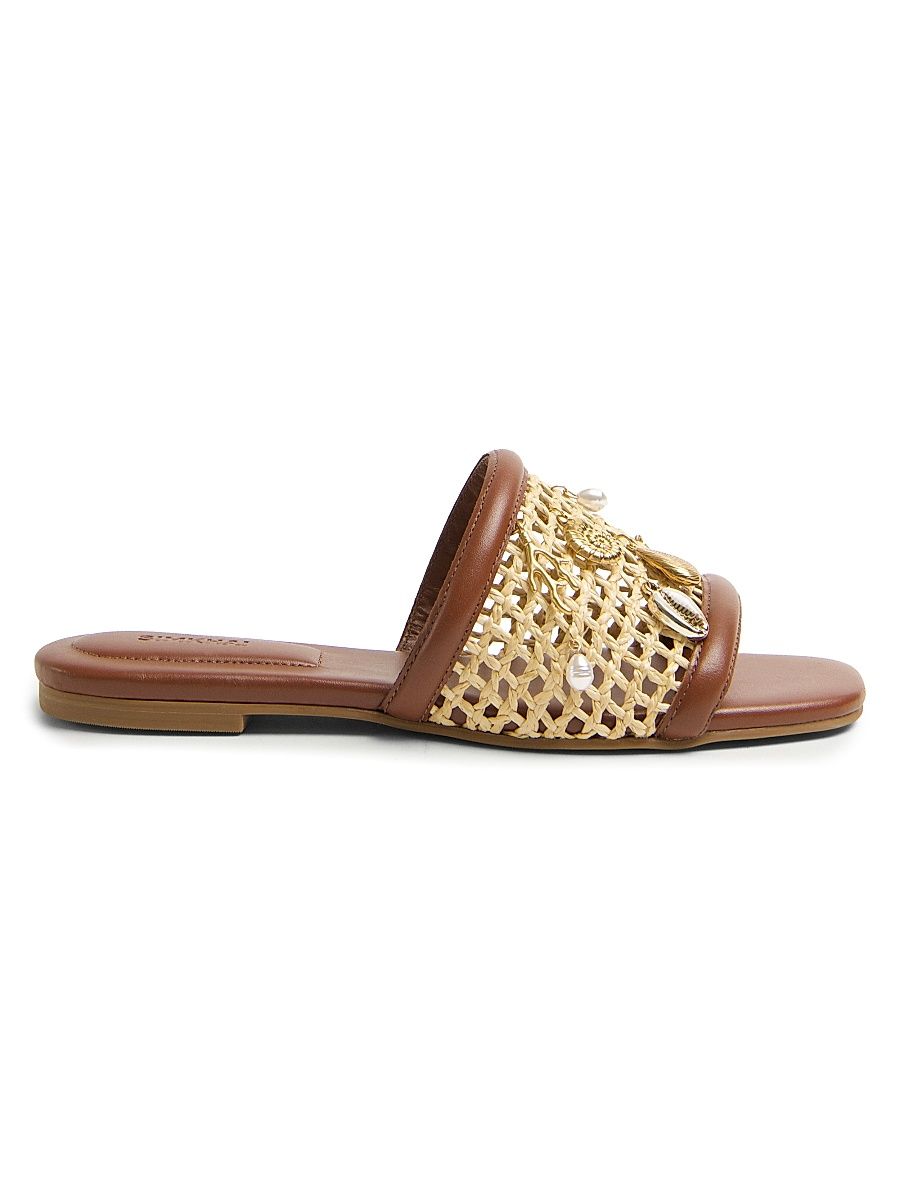 Women's Caspian Charm-Embellished Netted-Raffia Flat Sandals - Sequoia Natural - Size 10