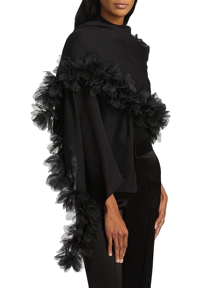 Women's Floral Appliqué Silk Wrap - Black