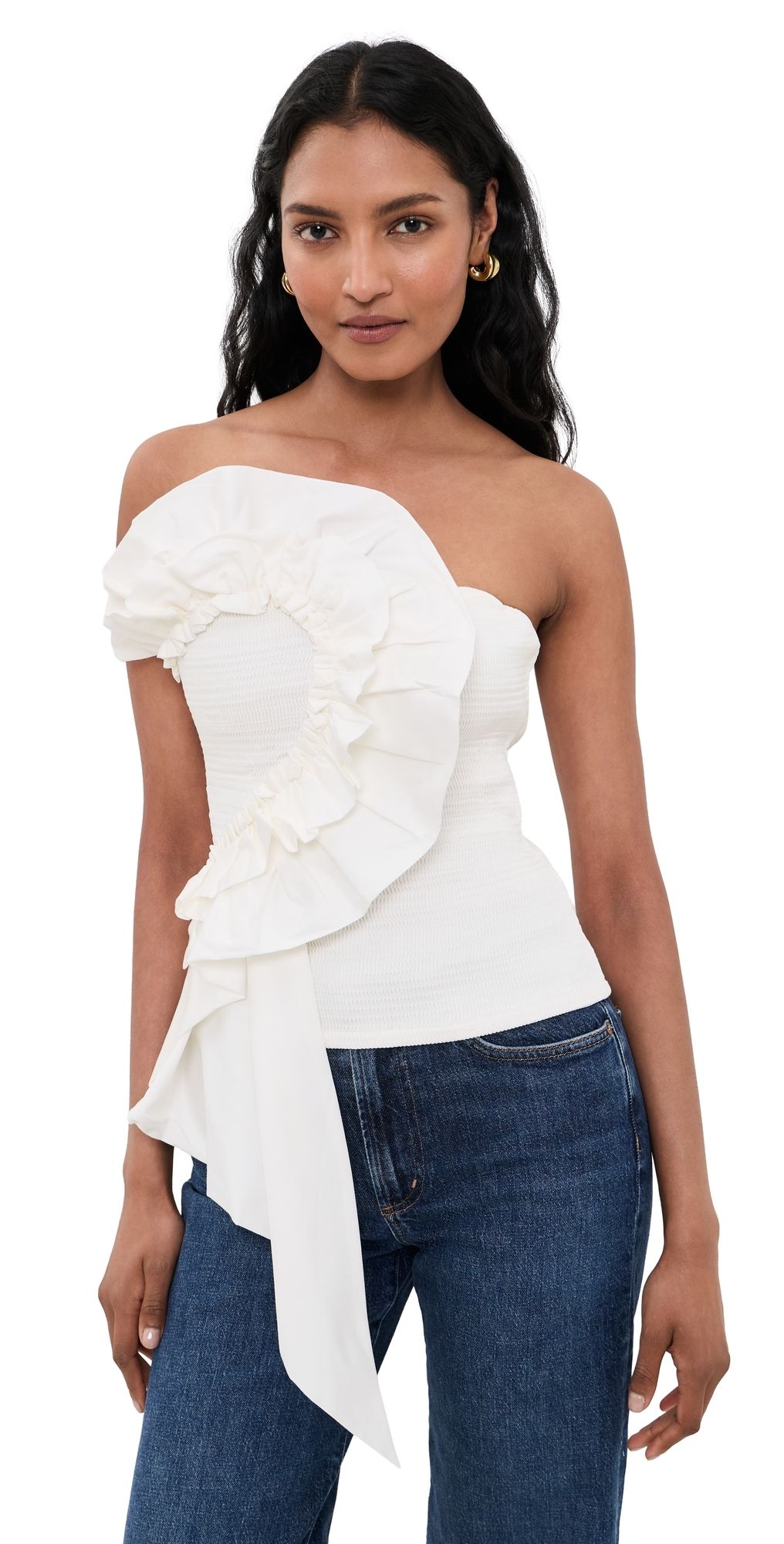 FARM Rio Smocked Strapless Top White S