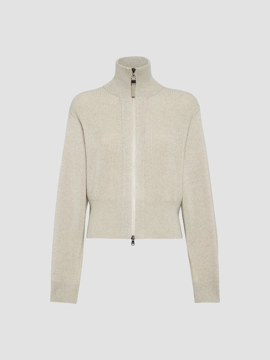 Brunello Cucinelli Women's Sparkling Cashmere English Rib Cardigan with Shiny Zipper Pull - Sand - Size XL