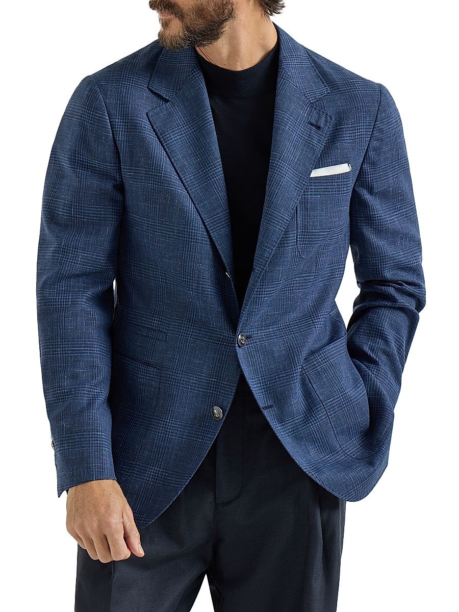 Men's Prince of Wales Deconstructed Blazer with Patch Pockets and Metal Buttons - Denim - Size 46