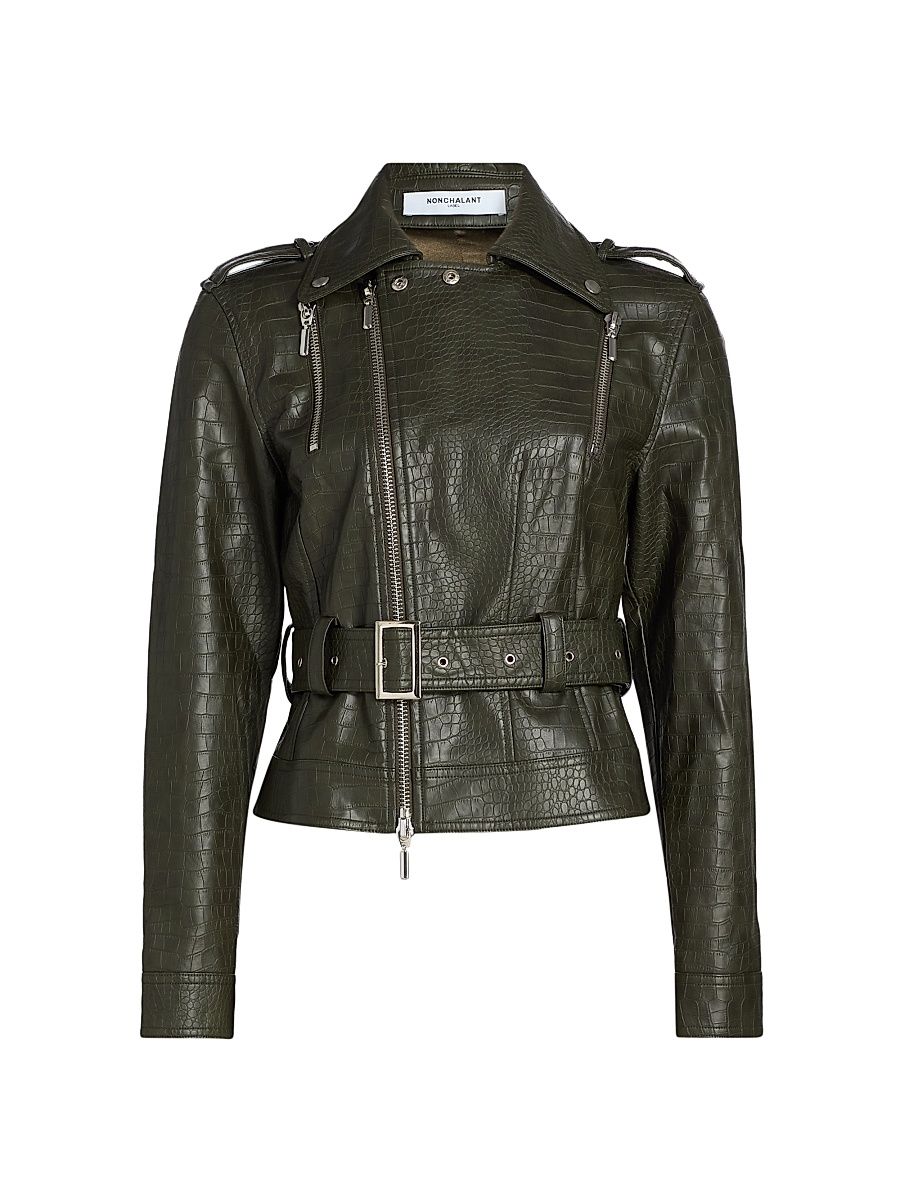 Women's Reed Faux-Leather Biker Jacket - Army Green - Size Small
