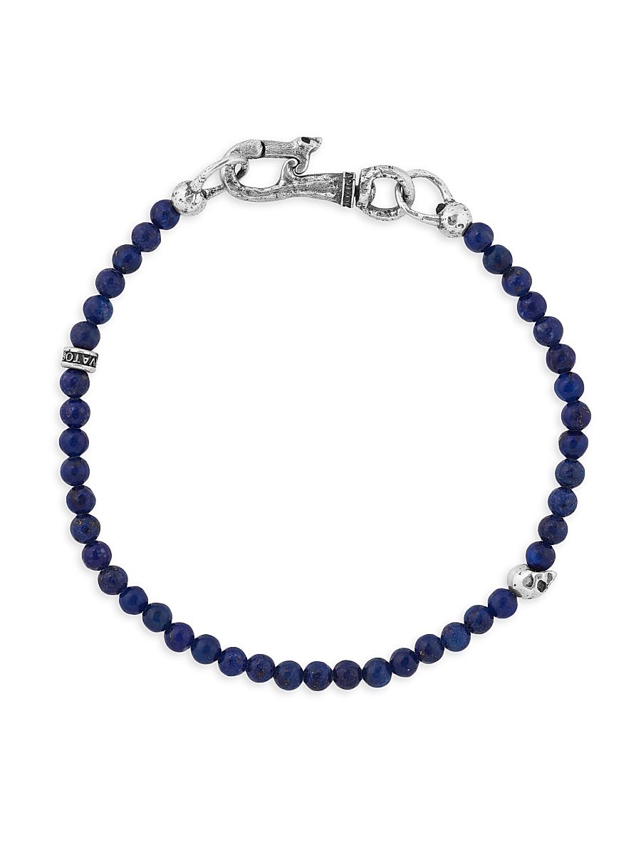 Men's Skull Sterling Silver & Lapis Beaded Bracelet - Silver