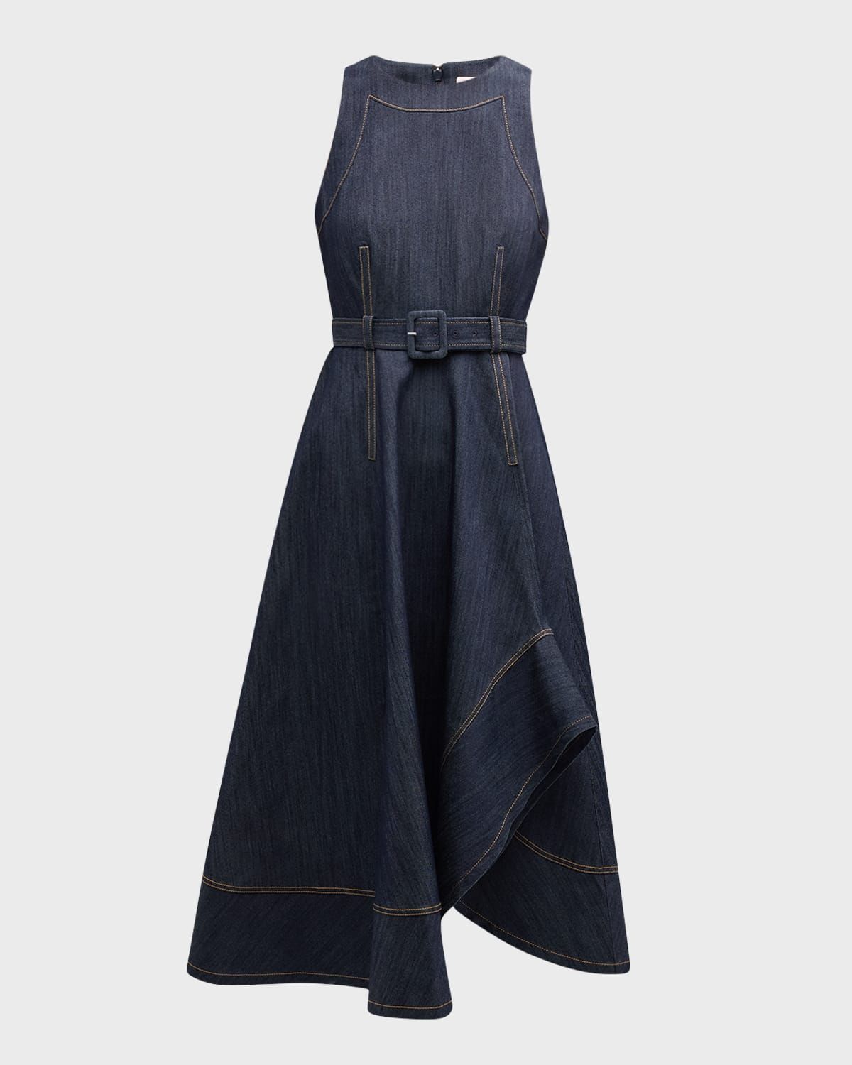 Zelda Belted Asymmetric Sleeveless Denim Midi Dress
