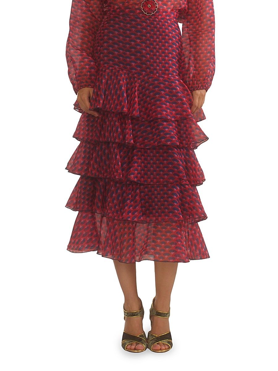 Women's Silk Organza Ruffle Midi-Skirt - Red Navy - Size 10