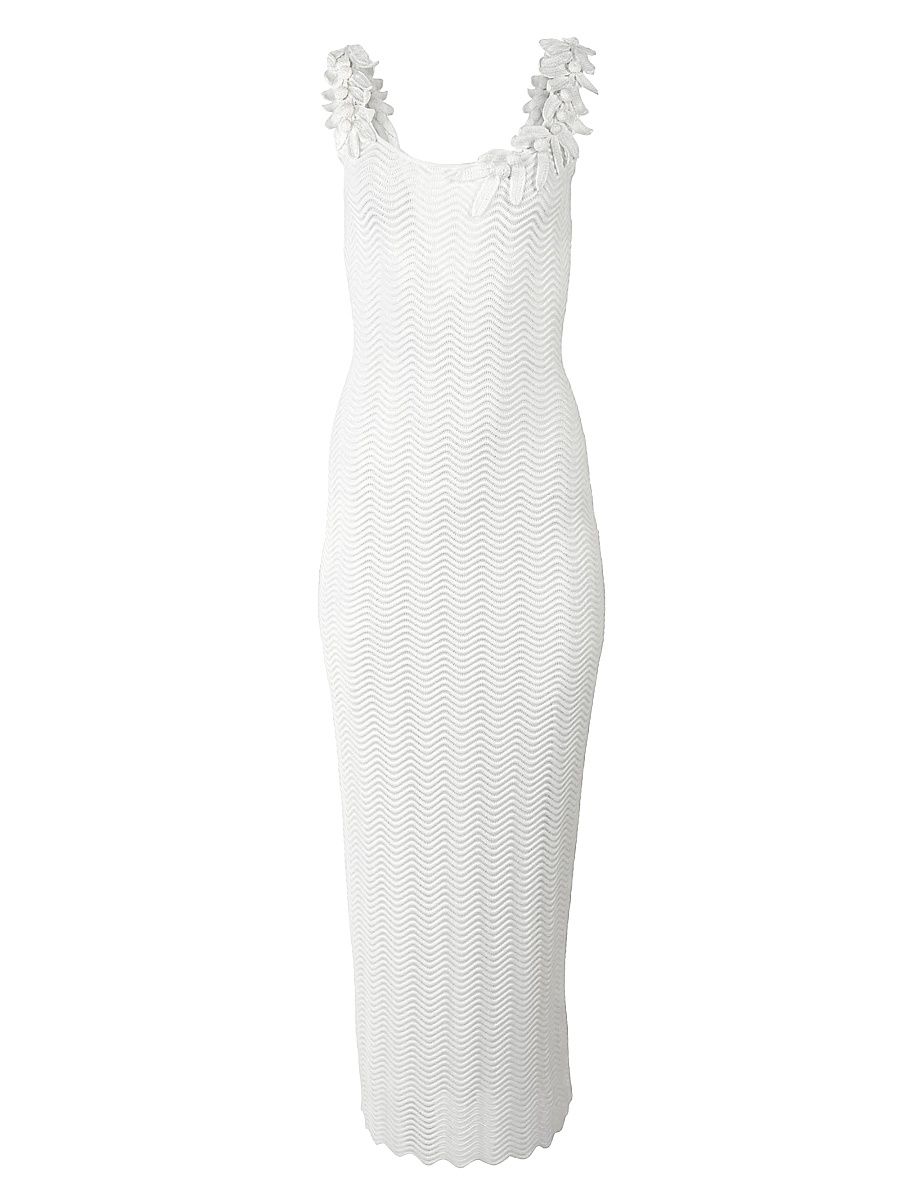 Women's Leaf-Embroidered Knit Maxi Dress - White - Size Medium