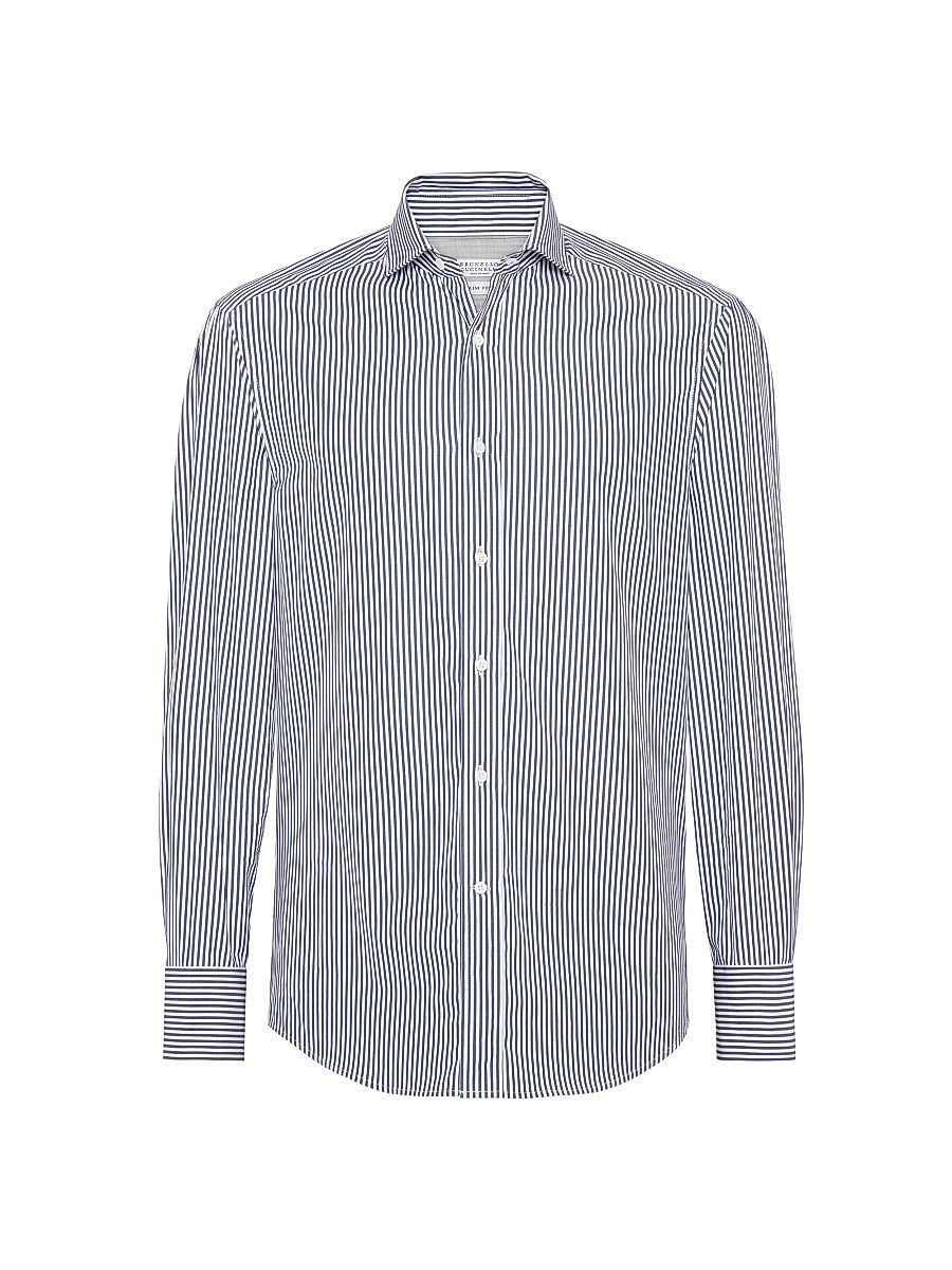 Men's Striped Poplin Slim Fit Shirt with Spread Collar - Navy Blue - Size XXS