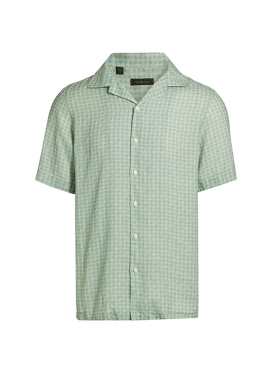 Men's COLLECTION Geometric Linen Camp Shirt - Green - Size Medium