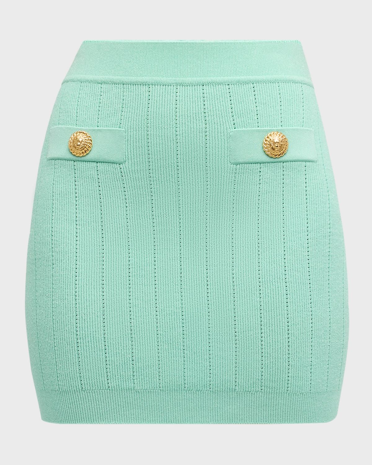 2-Button Pocket Pointelle Rib Knit Mini Skirt