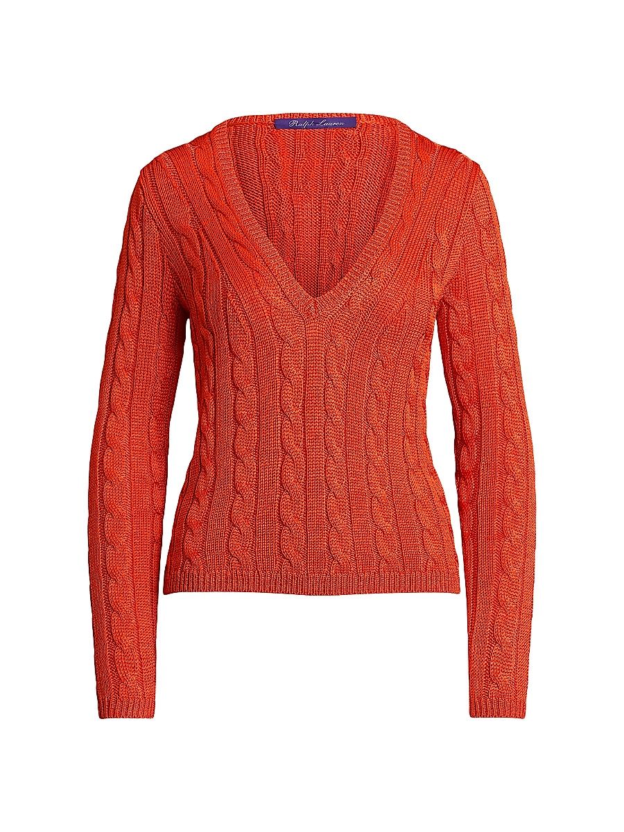 Women's V-Neck Cable-Knit Silk Sweater - Bright Orange - Size Small