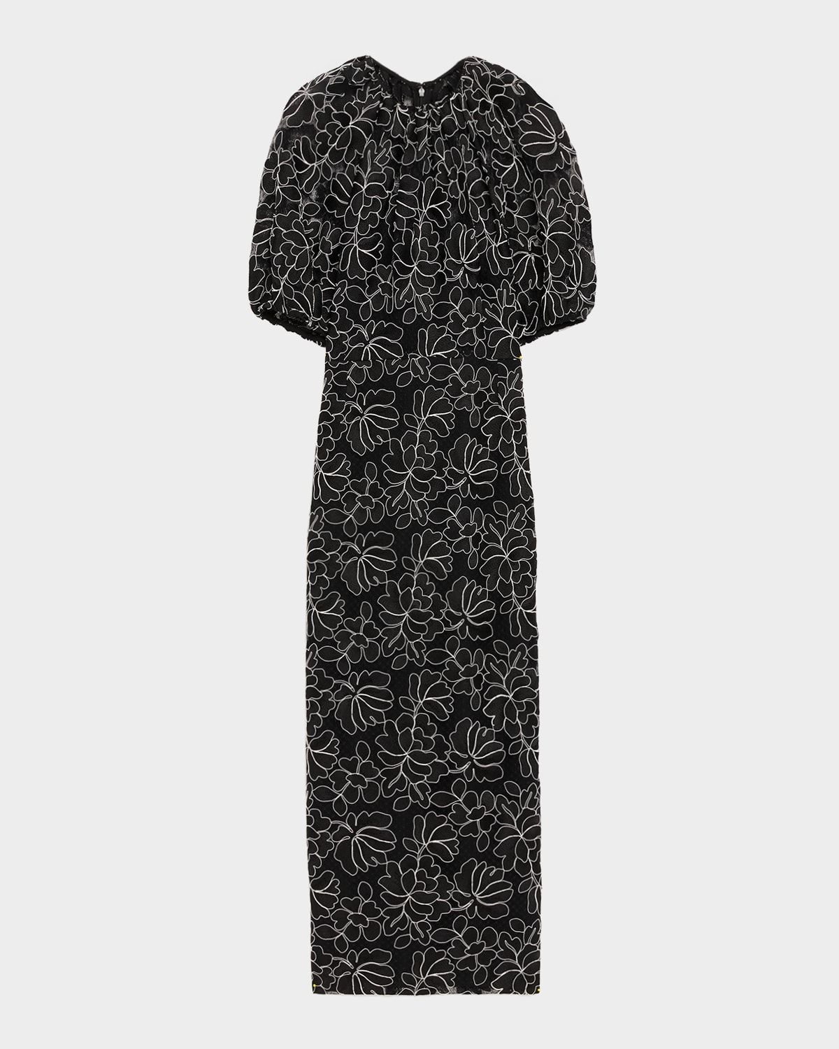 Floral Lace Puff-Sleeve Midi Sheath Dress