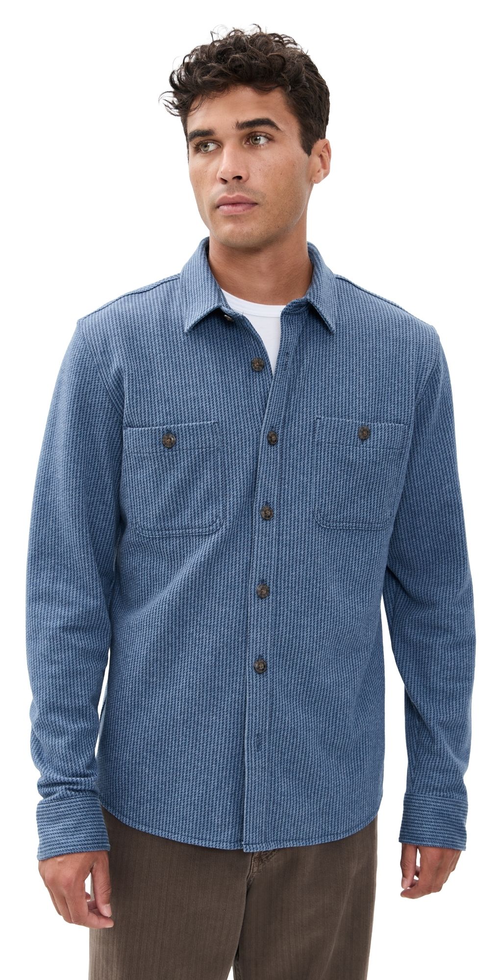 Marine Layer Pacifica Stretch Overshirt Blue Railroad Stripe L