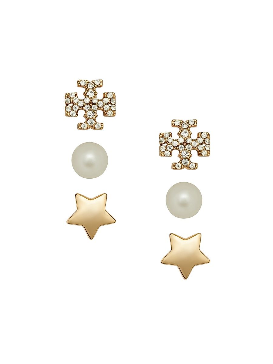 Women's Kira 3-Piece 18K-Gold-Plated, Imitation Pearl & Crystal Earring Set - Tory Gold Crystal Pearl