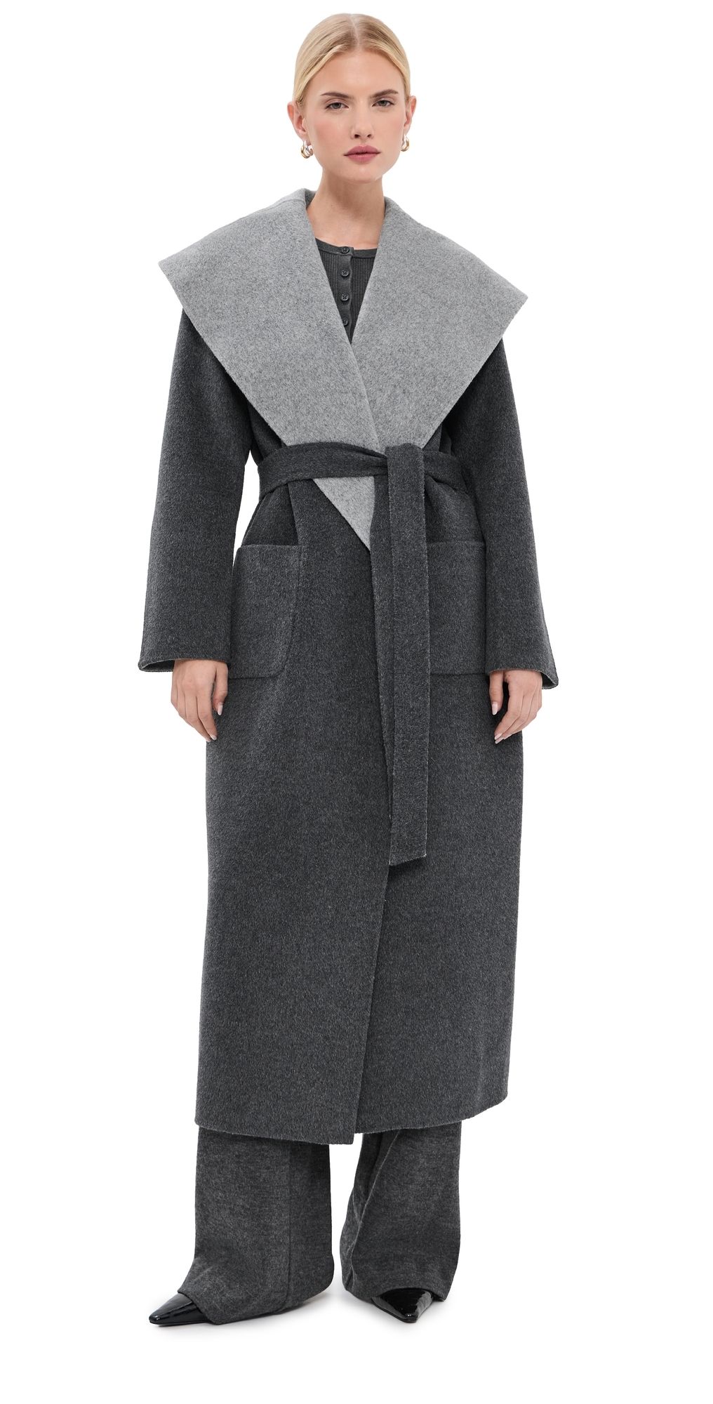 SIMKHAI Allura Reversible Belted Double-Faced Wool Coat Charcoal Multi L