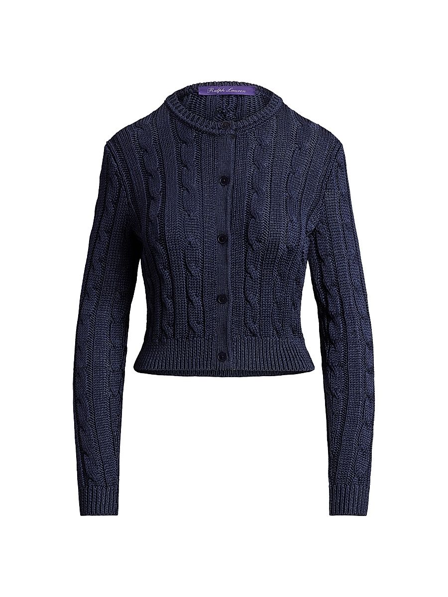 Women's Cable-Knit Silk Crop Cardigan - Lux Navy - Size XL