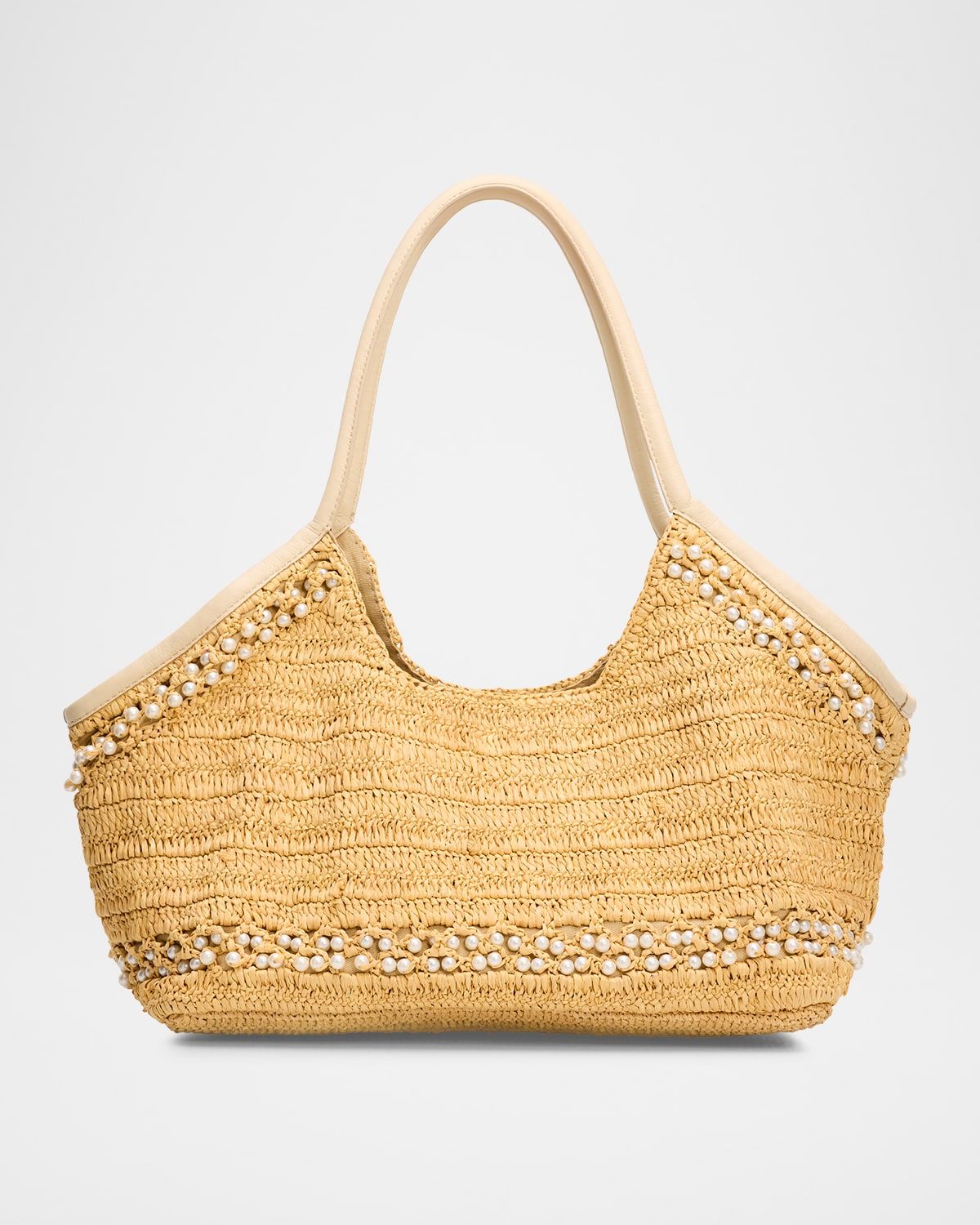 Brandie Pearly-Trim Raffia Tote Bag