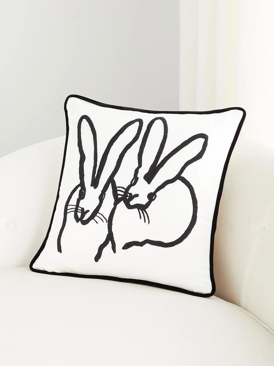 Hunt Slonem Hand-Embroidered Bunny Silk & Velvet Pillow - White Blk