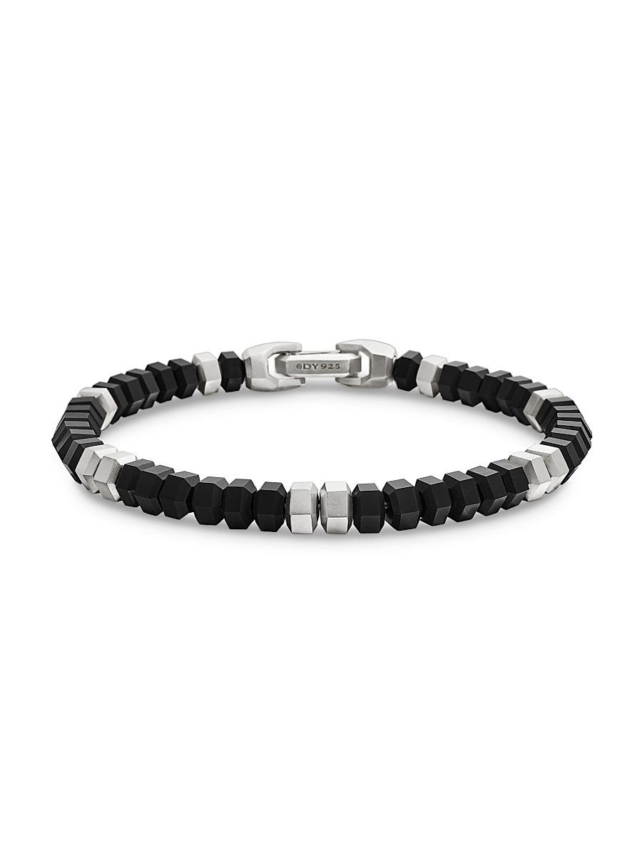 Men's Hex Bead Bracelet in Sterling Silver - Black Onyx - Size Medium