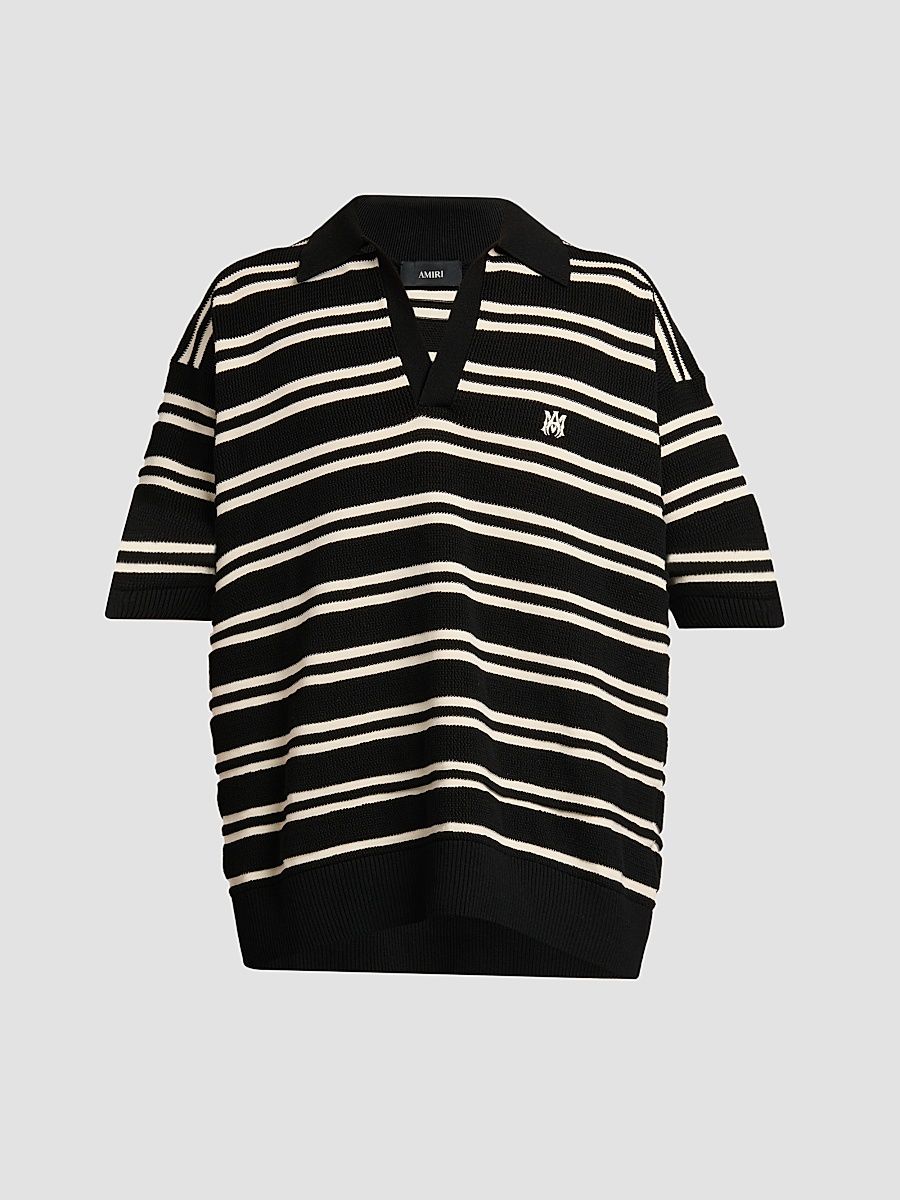 Men's Striped Cotton-Blend Polo Shirt - Black - Size Medium