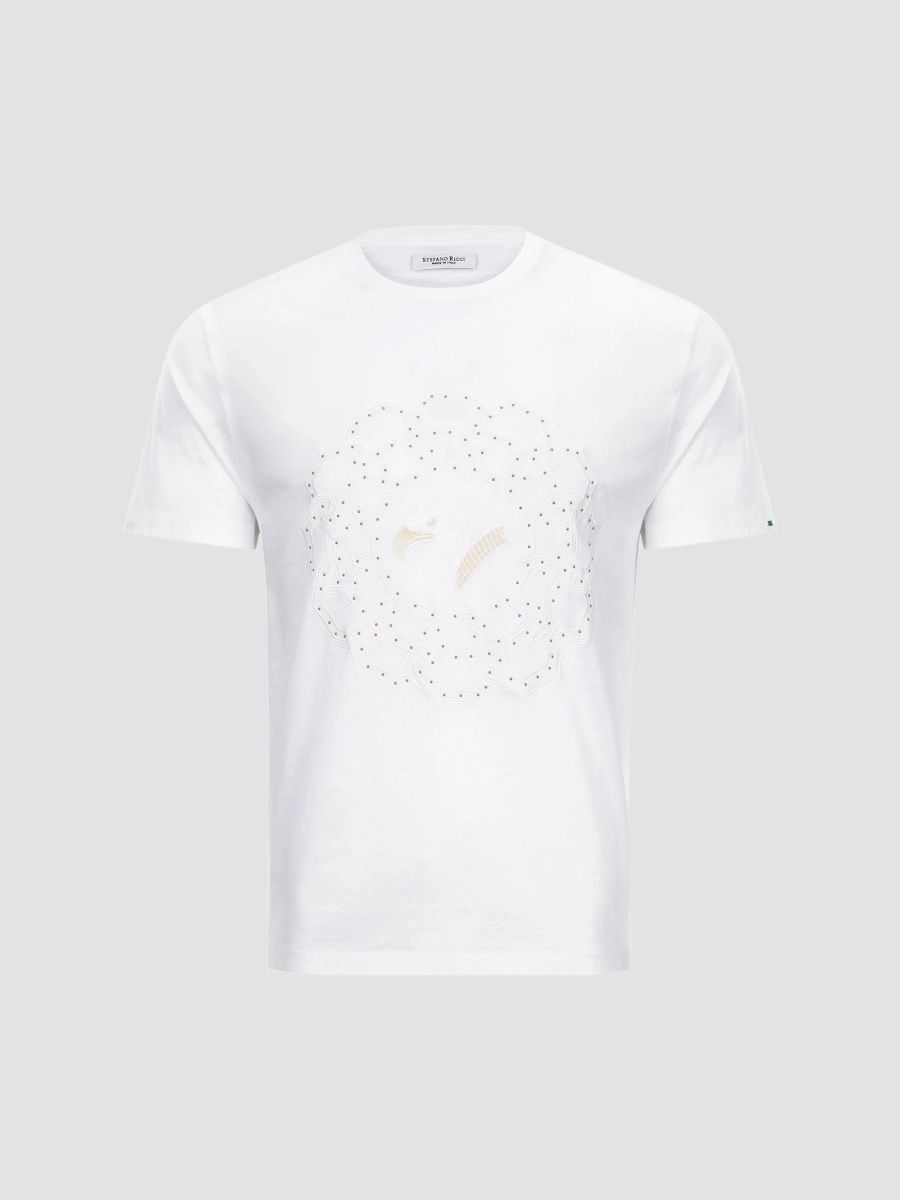 Stefano Ricci Men's Studded Embroidered Eagle Medallion T-Shirt - White - Size XXL