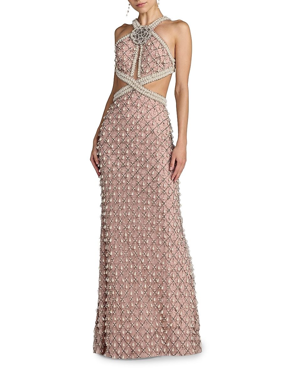 Women's Embellished Cut-Out Halterneck Gown - Light Rose - Size 8