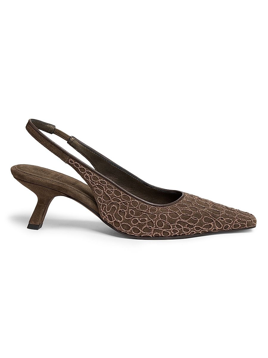 Women's Monili-Embroidered Suede Slingback Pumps - Grey Brown - Size 8