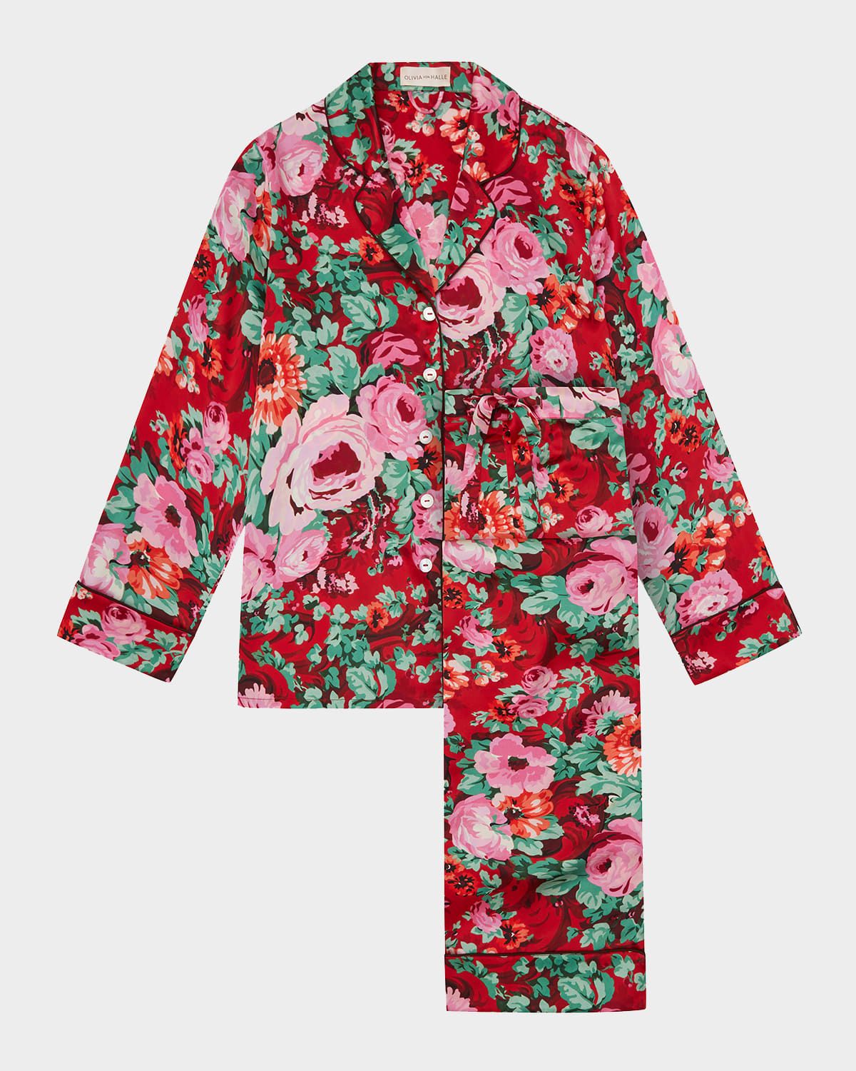 Lila Floral-Print Silk Satin Pajama Set