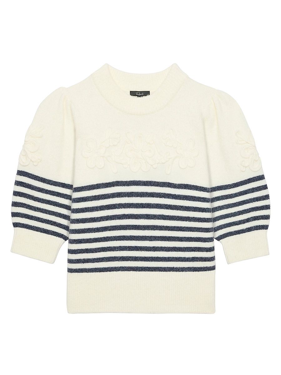 Women's Martha Appliquéd Striped Crewneck Sweater - Ivory Navy Floral Stripe - Size XL