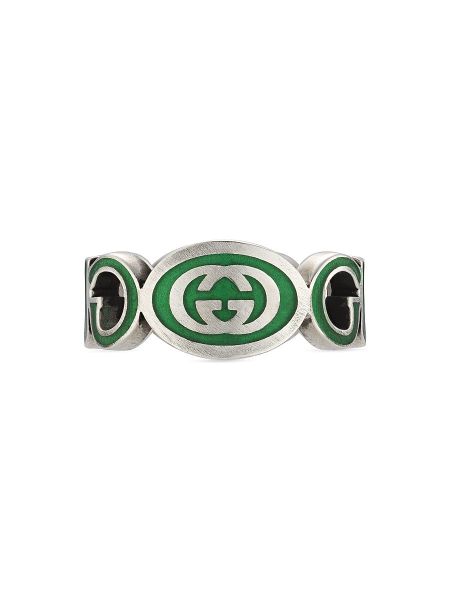 Men's Sterling Silver Interlocking GG Logo Ring - Silver Green - Size 10