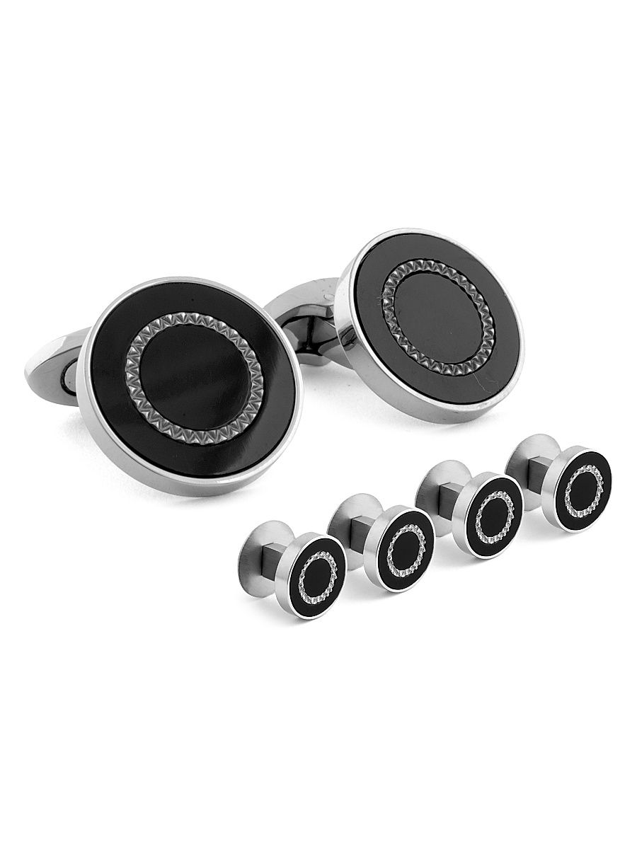 Men's Round Titanium & Black Agate 6-Piece Tuxedo Studs & Cufflinks Set - Black