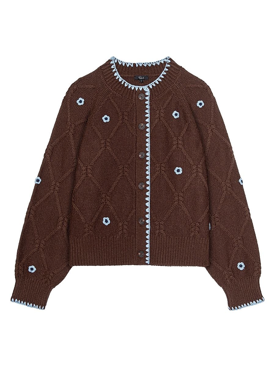 Women's Laurie Floral Cable-Knit Cardigan - Walnut Daisy - Size XL