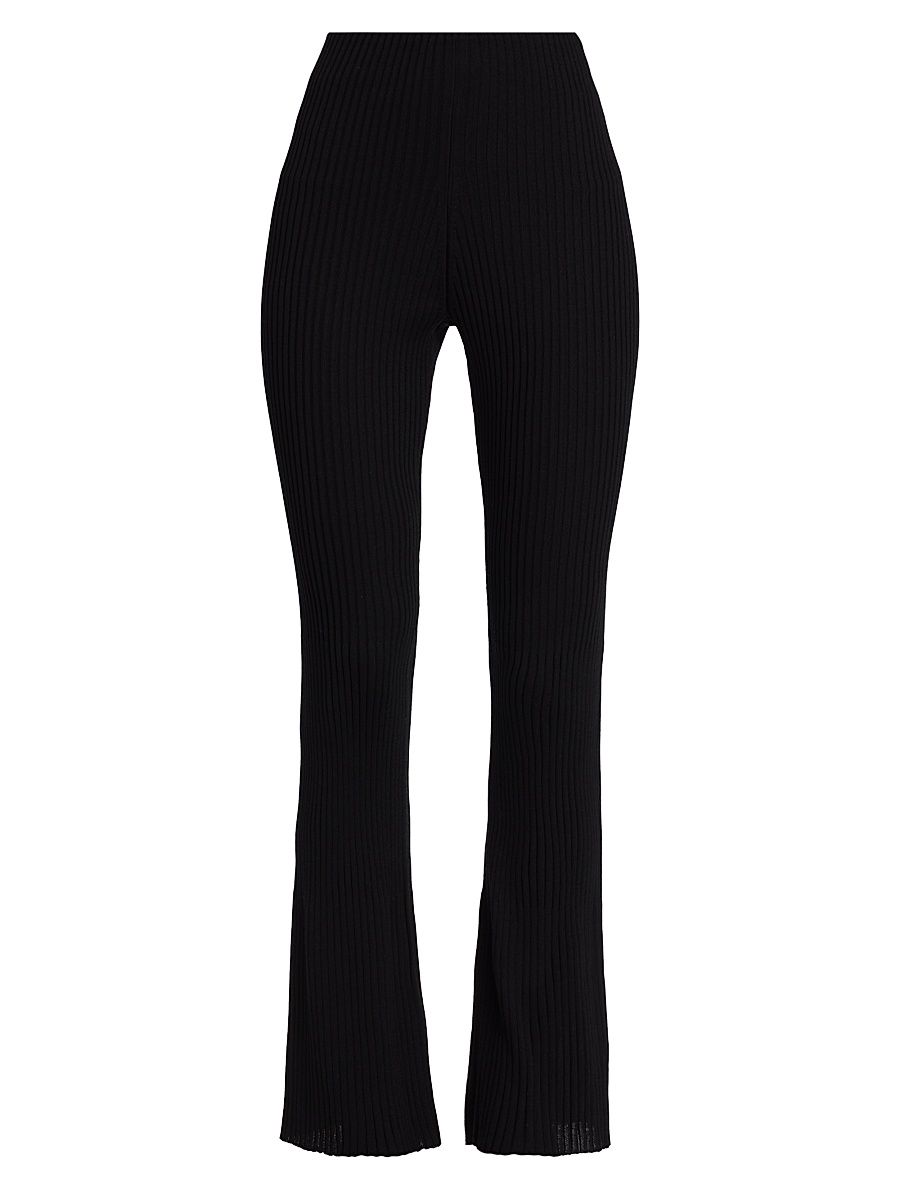 Women's Wool Rib-Knit Flared Trousers - Black - Size Small