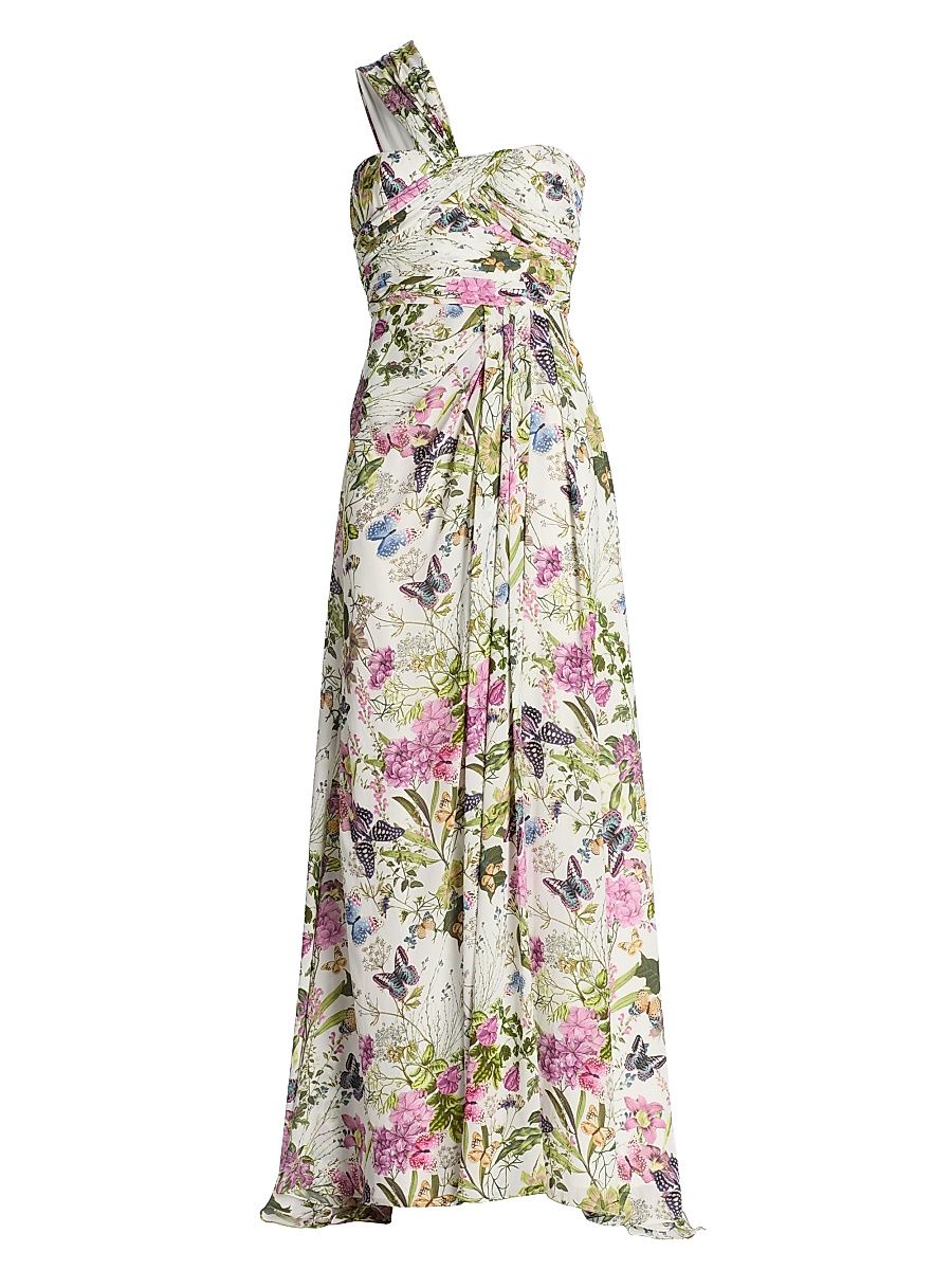 Women's Gathered Floral One-Shoulder Gown - White Multi - Size 14