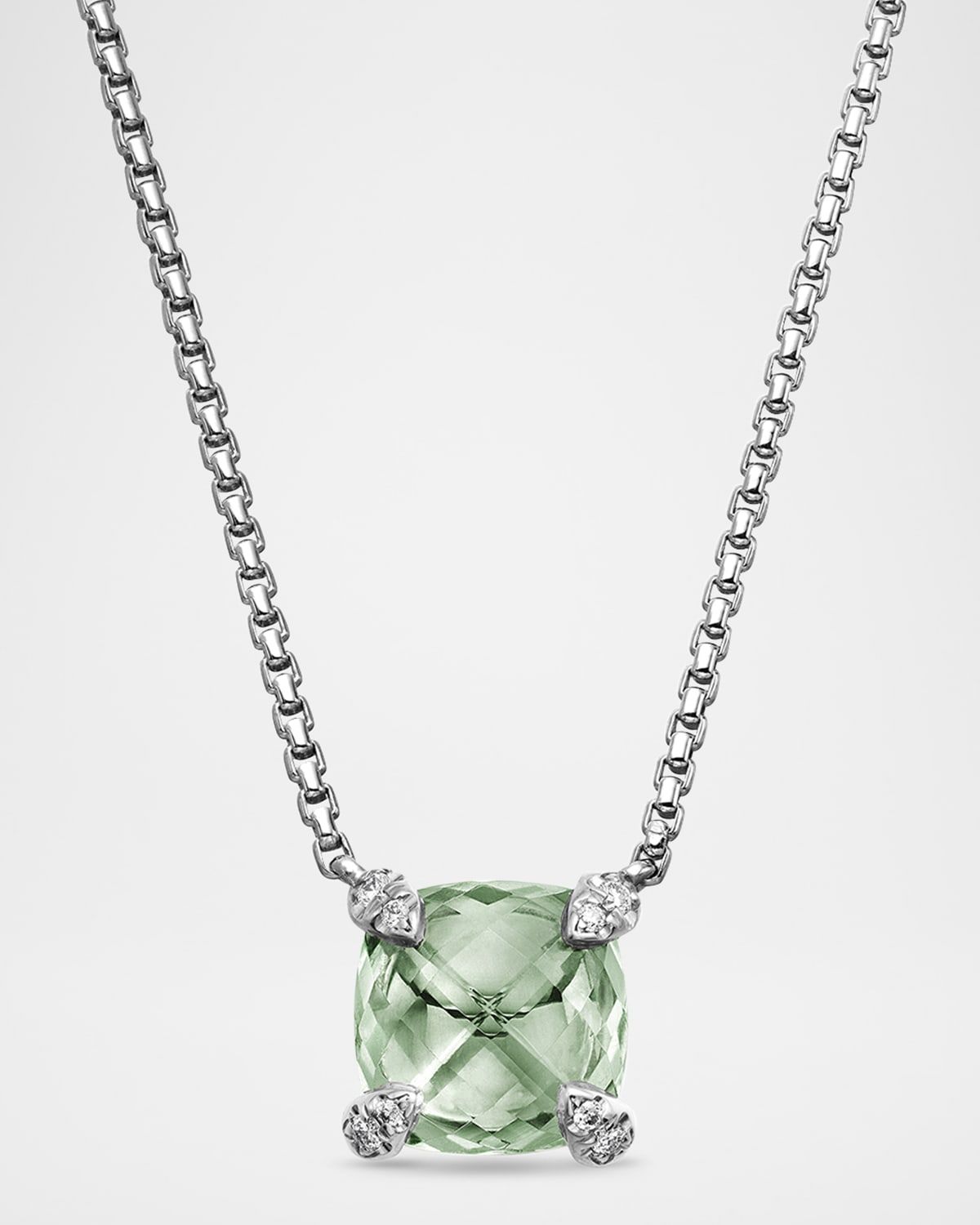 Chatelaine Cushion Pendant Necklace with Gemstone and Diamonds in Silver, 8mm, 16-18"L