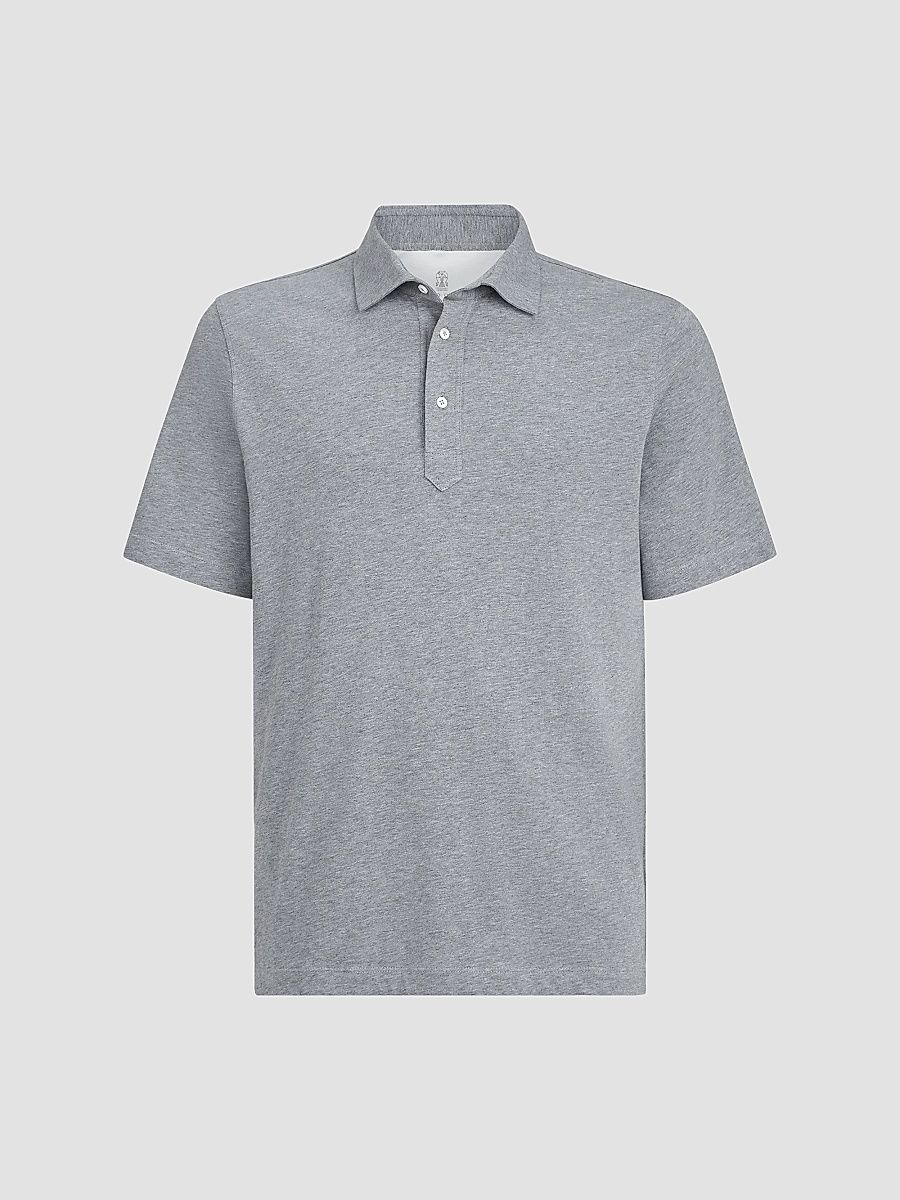 Brunello Cucinelli Men's Cotton Jersey Polo Shirt with Shirt-Style Collar - Medium Grey - Size XXXXL