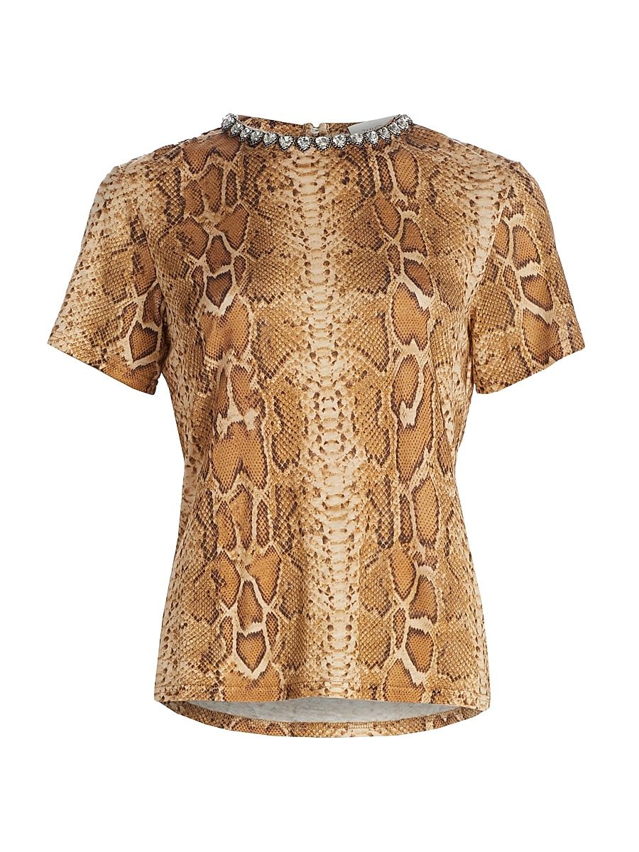 Women's Embellished Snake-Print Linen T-Shirt - Toffee Snake - Size 8