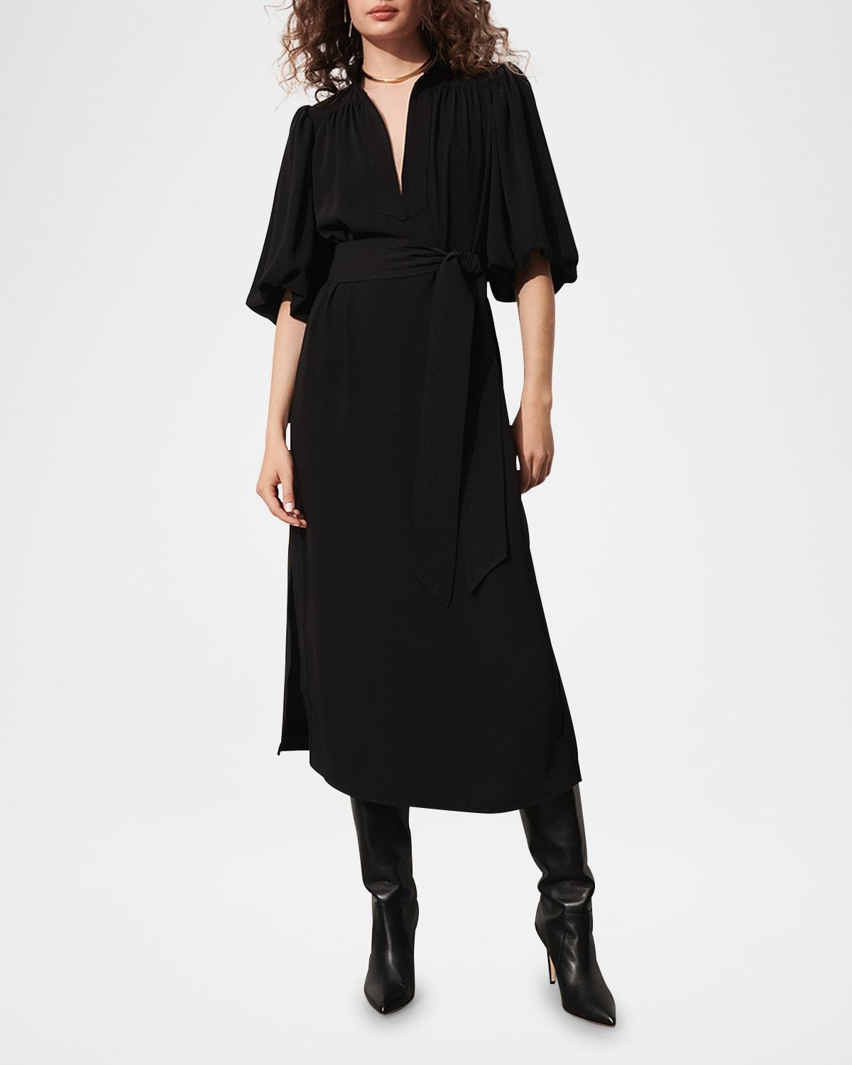 Dani Puff-Sleeve Belted Midi Dress