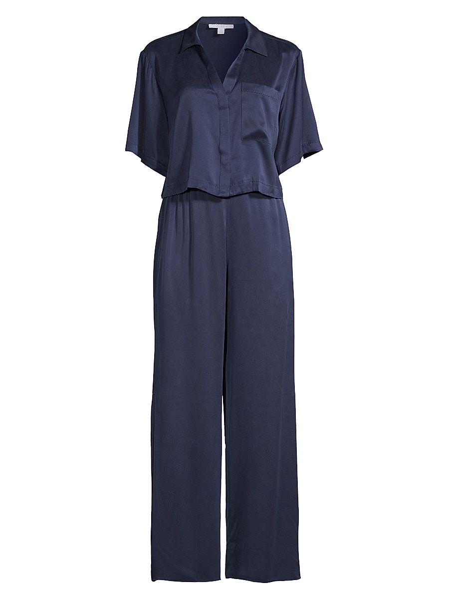 Women's Washable Silk High-Rise Pants 2-Piece Pajama Set - Deep Blue - Size Small