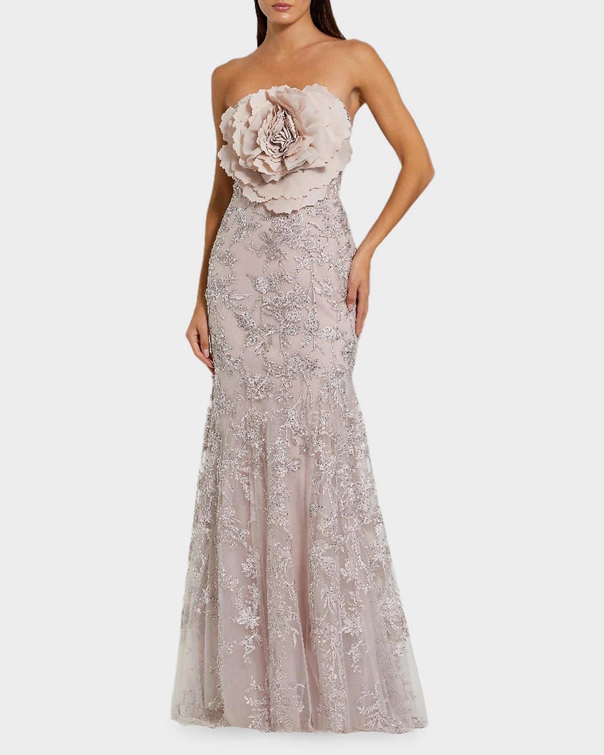 Strapless Embroidered Floral-Embellished Gown