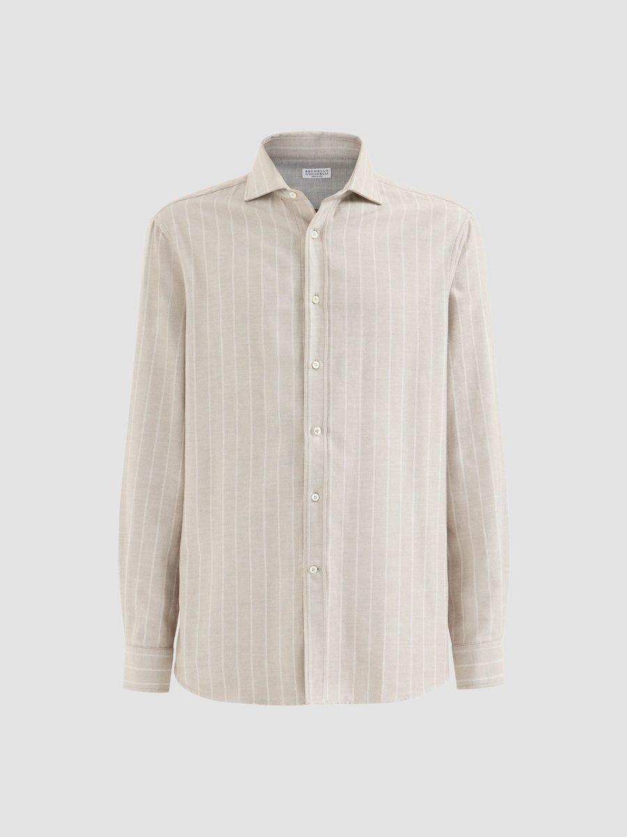 Brunello Cucinelli Men's Lyocell and Cotton Chalk Stripe Flannel Shirt - Sand - Size XXXL