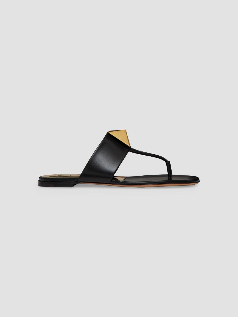 Valentino Women's One Stud Calfskin Flat Thong Sandals - Black - Size 6.5