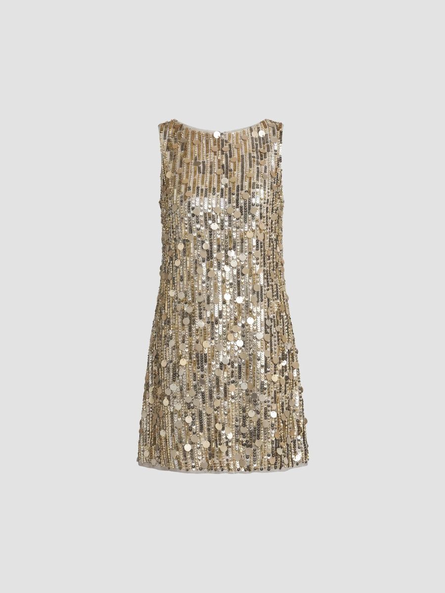 Mac Duggal Women's Beaded Georgette Trapeze Mini Dress - Taupe - Size Large