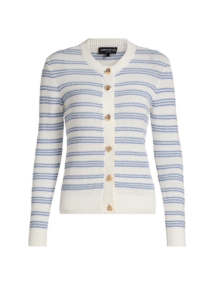 Women's Laurel Striped Cardigan - White Grey Blue - Size XL