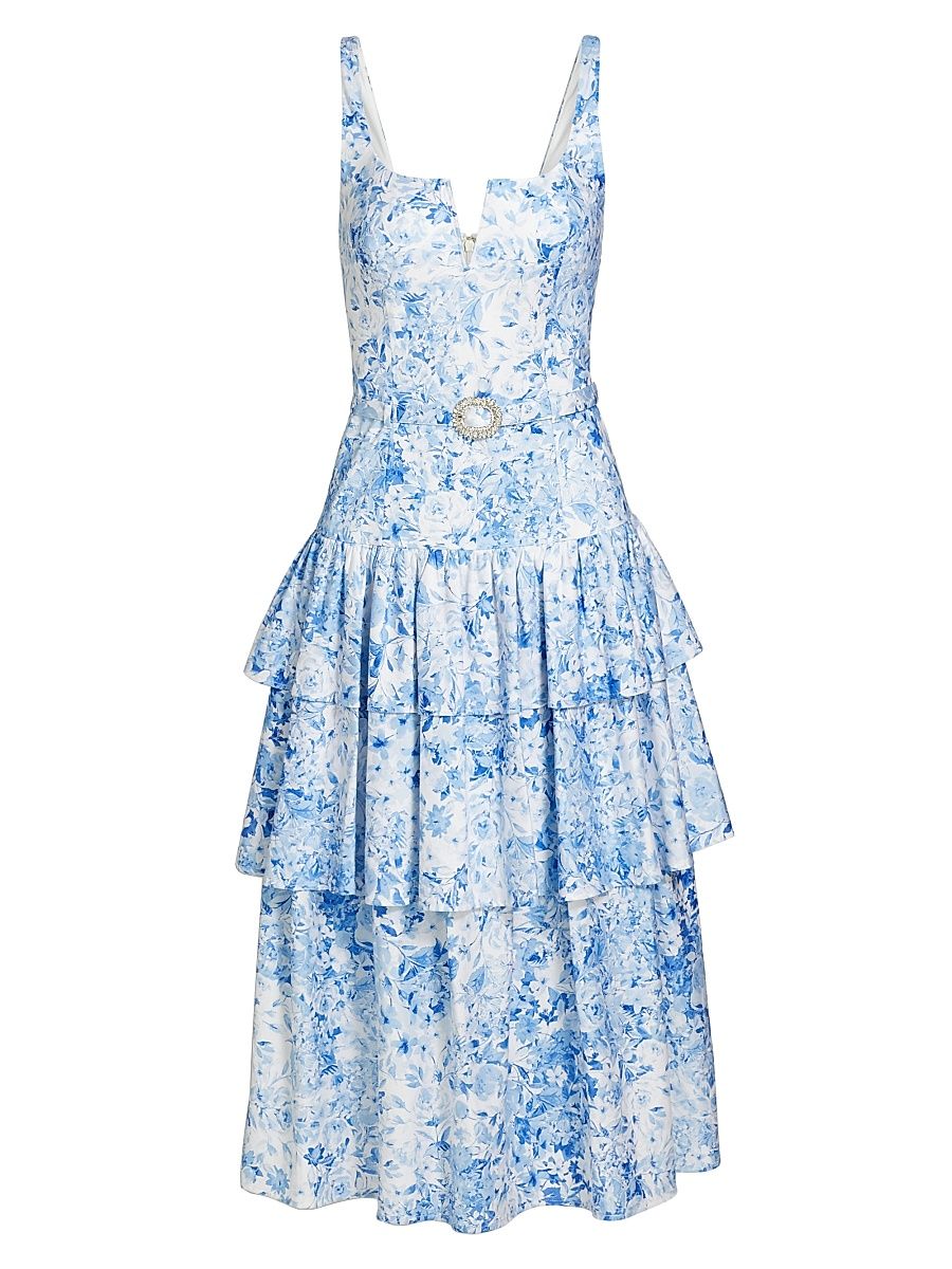 Women's Celeste Floral Cotton Poplin Midi-Dress - Zesty Floral White Blue - Size XL