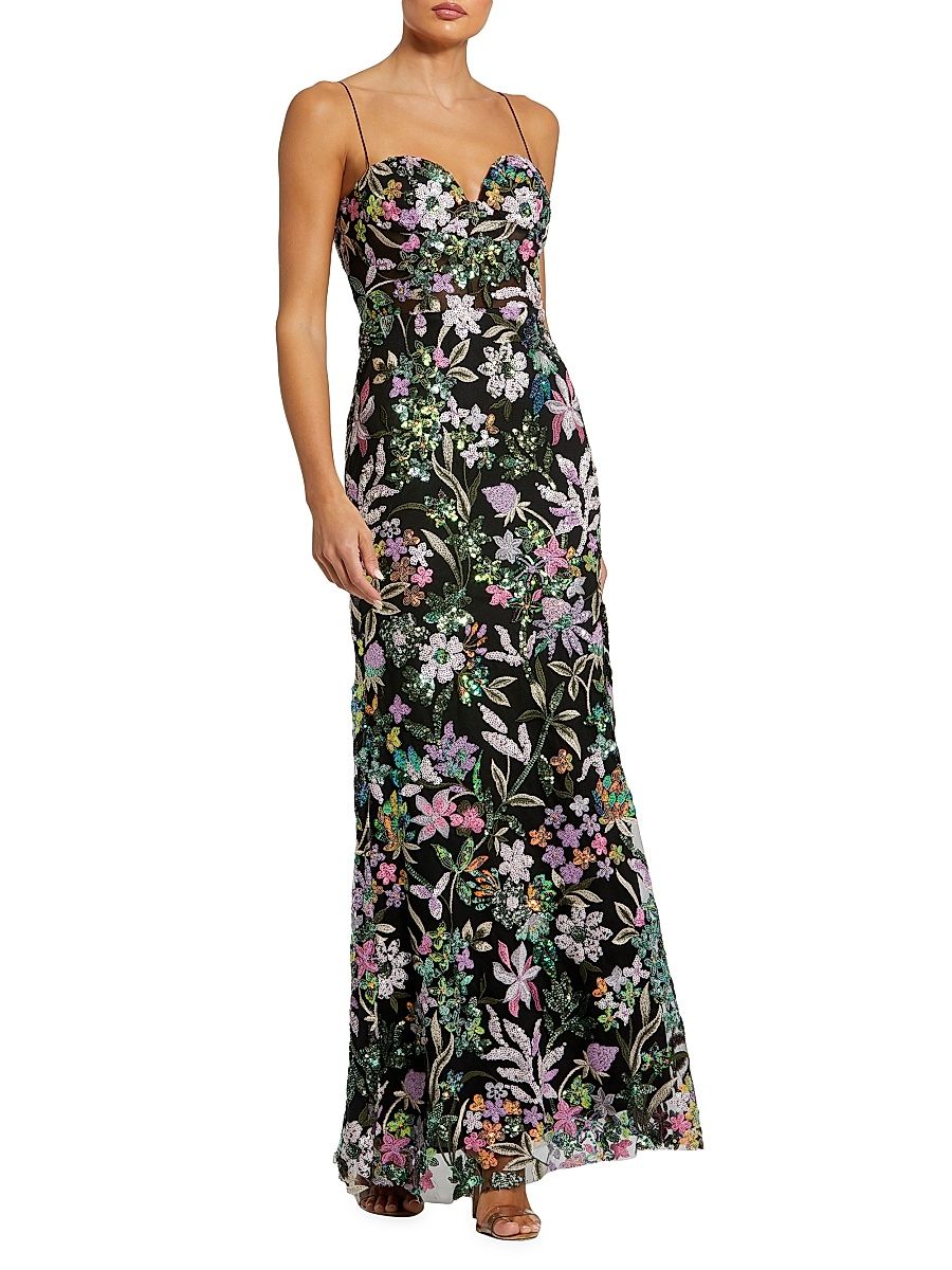 Women's Floral Sequined Sleeveless Maxi Dress - Black Multi - Size 14