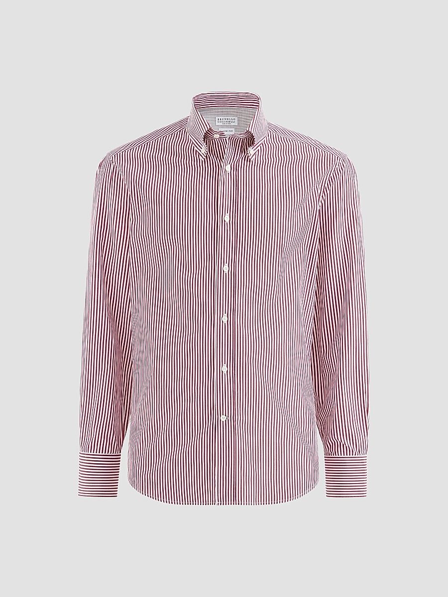 Men's Striped Poplin Shirt with Button-Down Collar - Amaranth - Size XXS