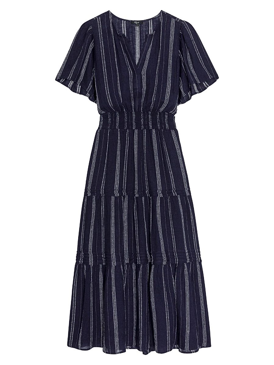 Women's Cannes Striped Linen-Blend V-Neck Midi-Dress - Marina Stripe - Size XL