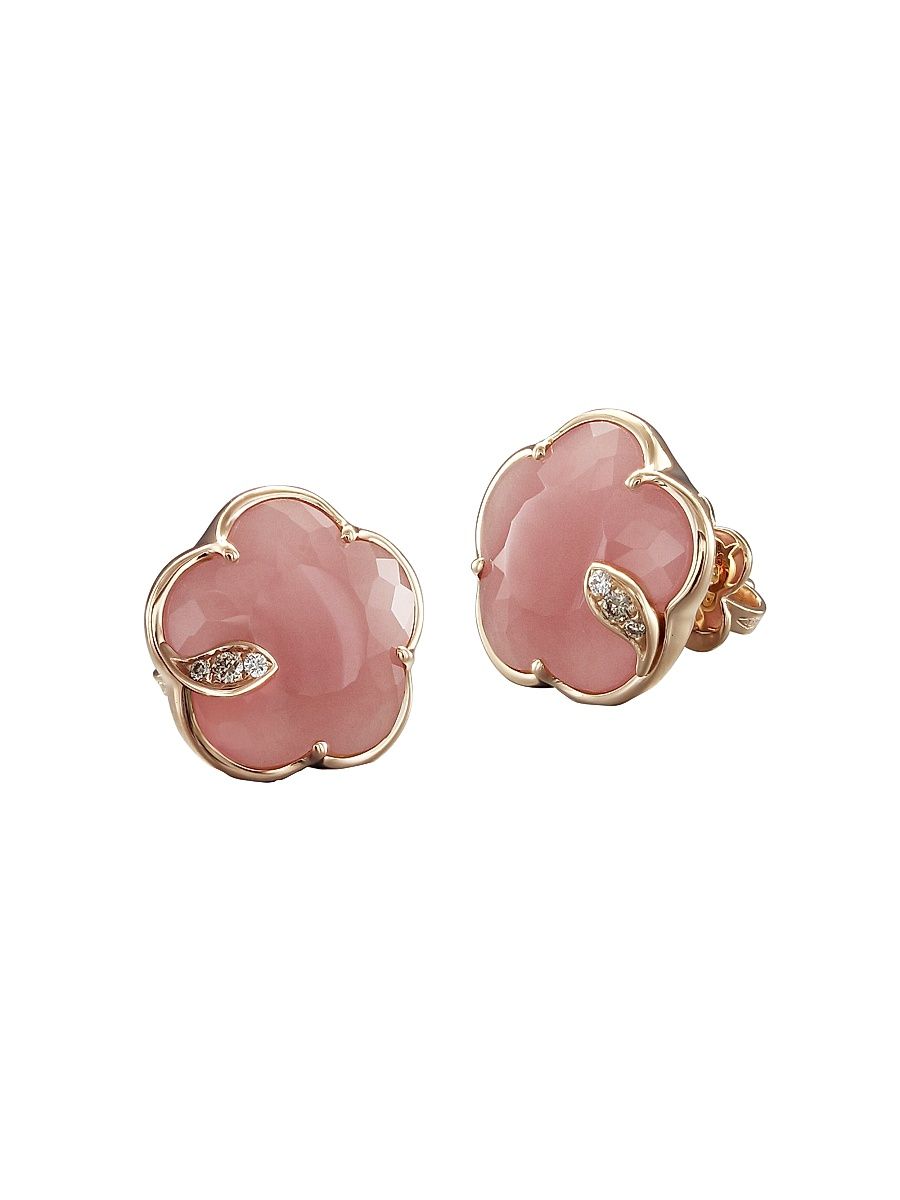 Women's Petit Joli 18K Rose Gold, Pink Chalcedony, & Diamond Flower Stud Earrings
