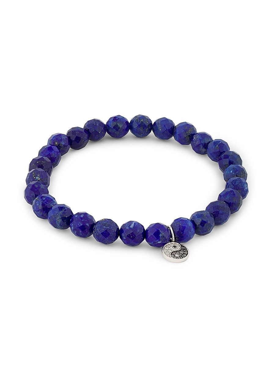 Women's 14K White Gold, Lapis Lazuli & 0.08 TCW Diamond Yin & Yang Beaded Stretch Bracelet - Lapis