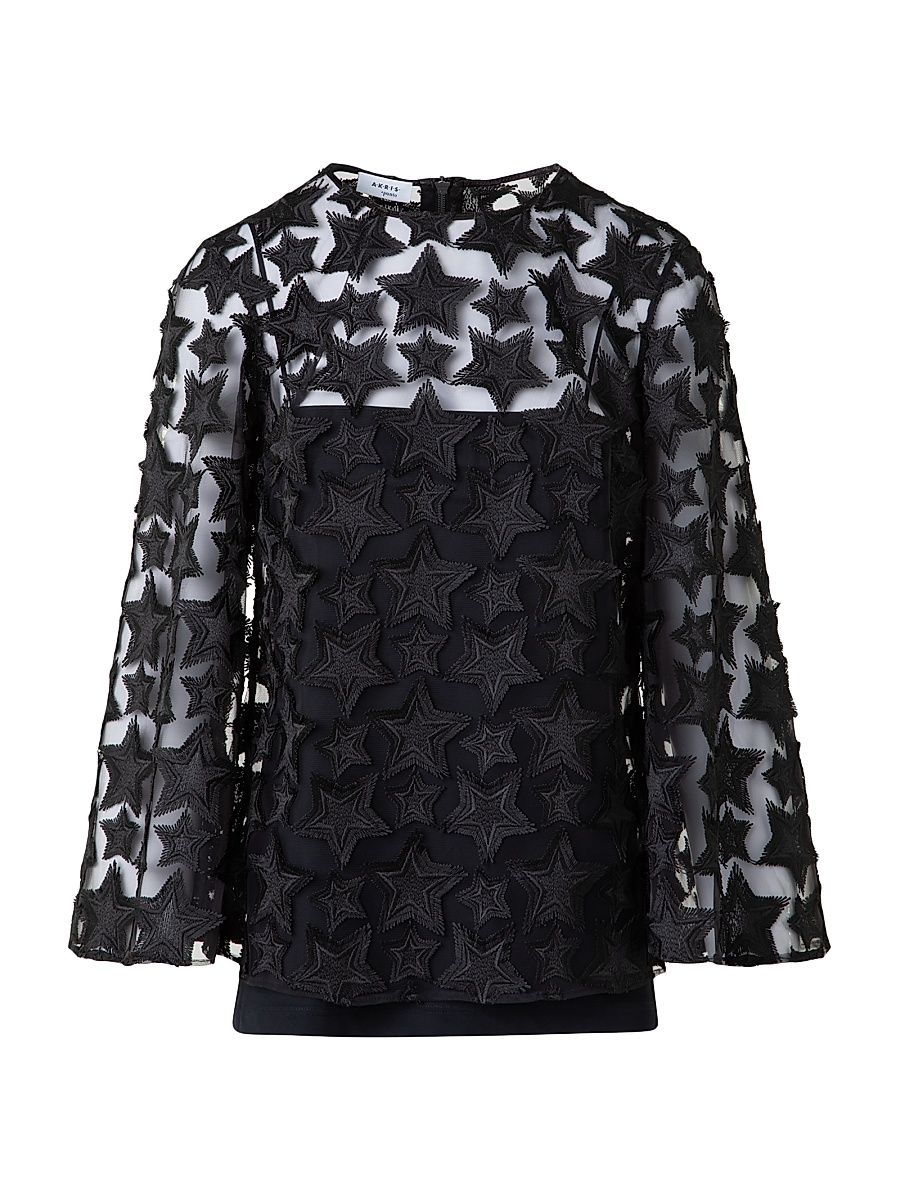 Women's Star Embroidered Tulle Top - Black - Size 4